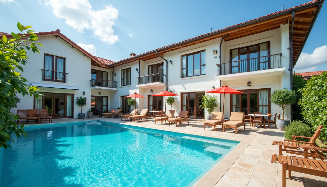 Imagine panoramică cu Pensiunea Paradise Delta House la malul apei în Delta Dunării, cu o barcă acostată și cer senin.